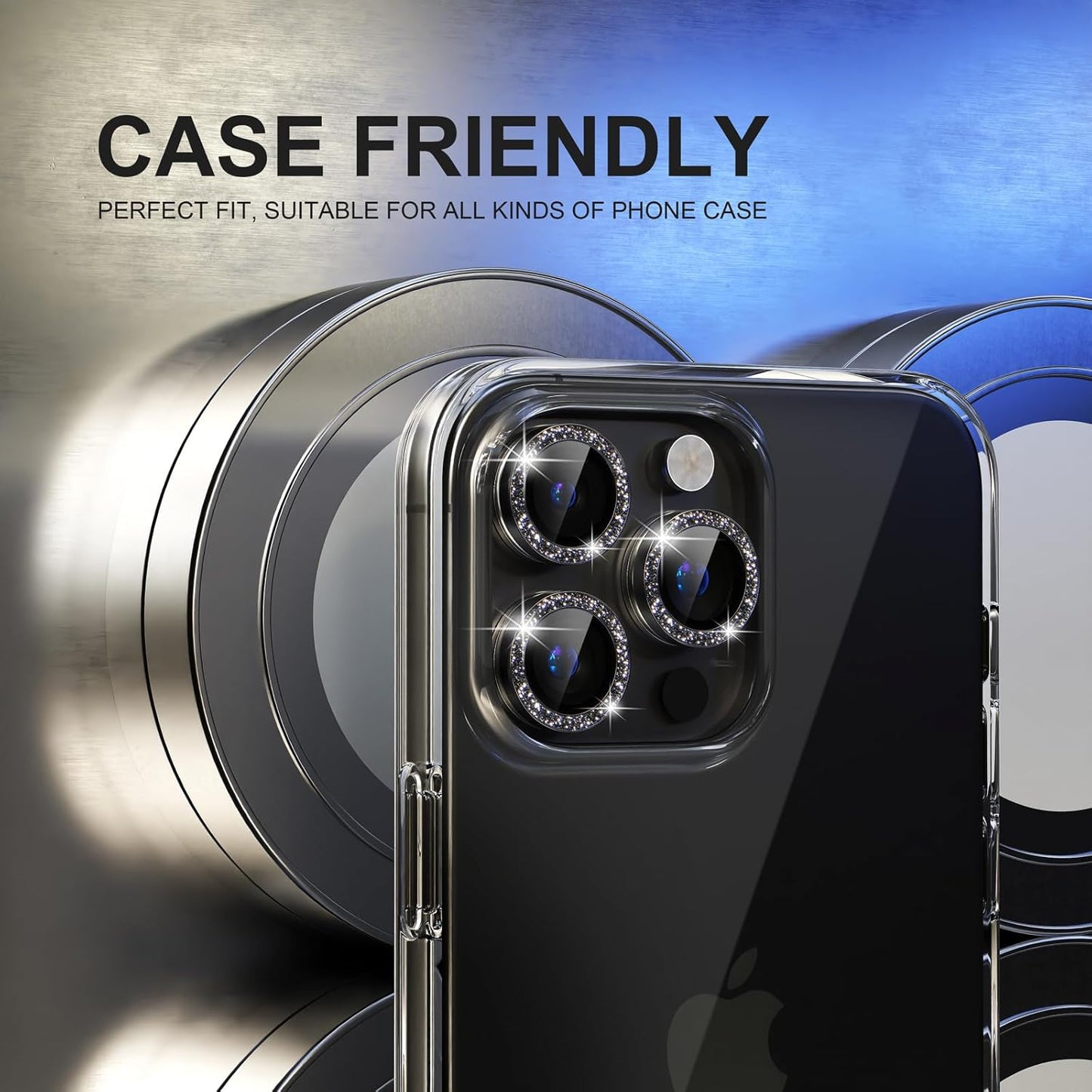 AIG Bling Camera Lens Protector for iPhone 15 Pro / Pro Max β 9H Glass, Metal Ring, Full Lens Cover β Glitter Black