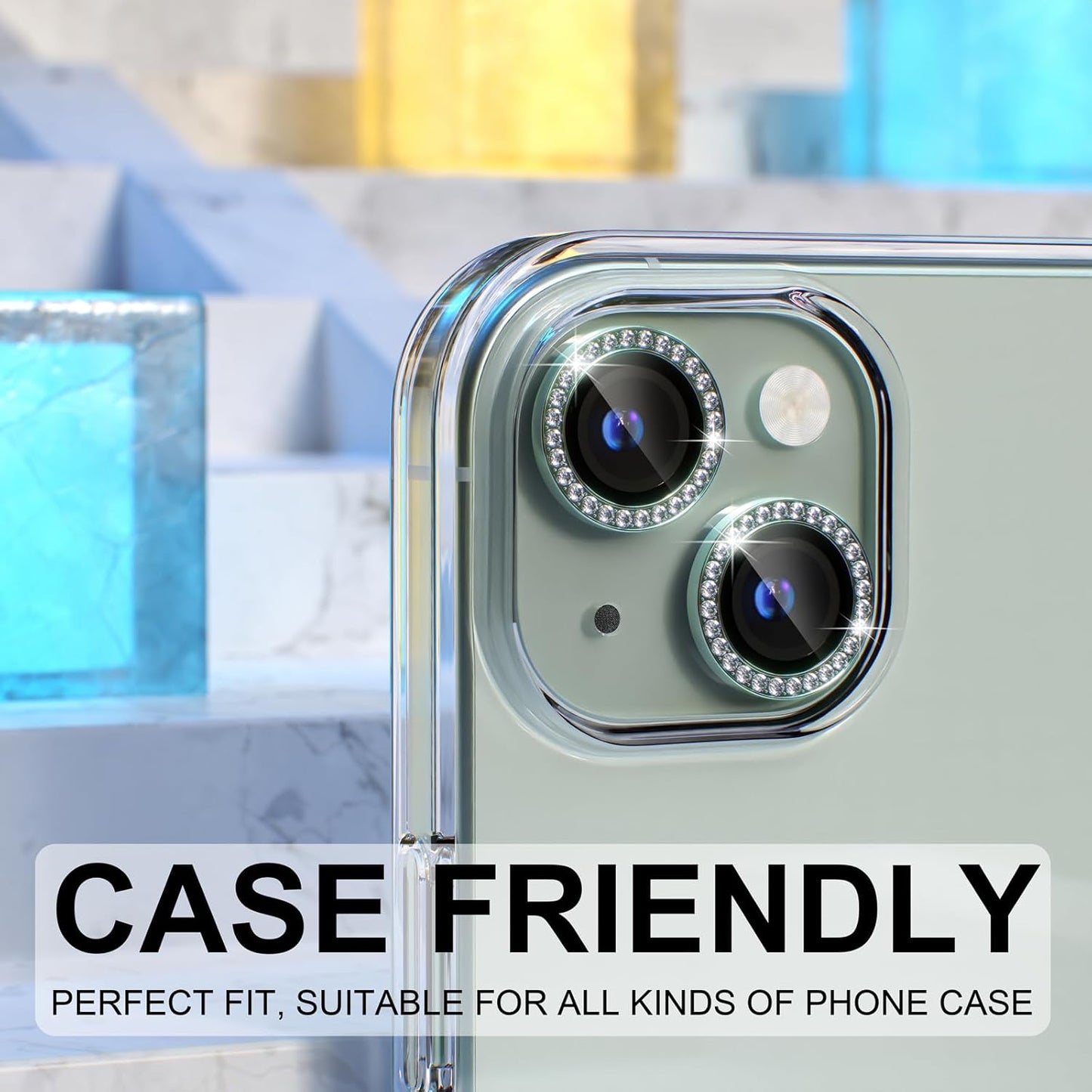 AIG iPhone 15/15 Plus Camera Lens Protector – Bling 9H Tempered Glass with Metal Ring Decoration (Green Diamond)