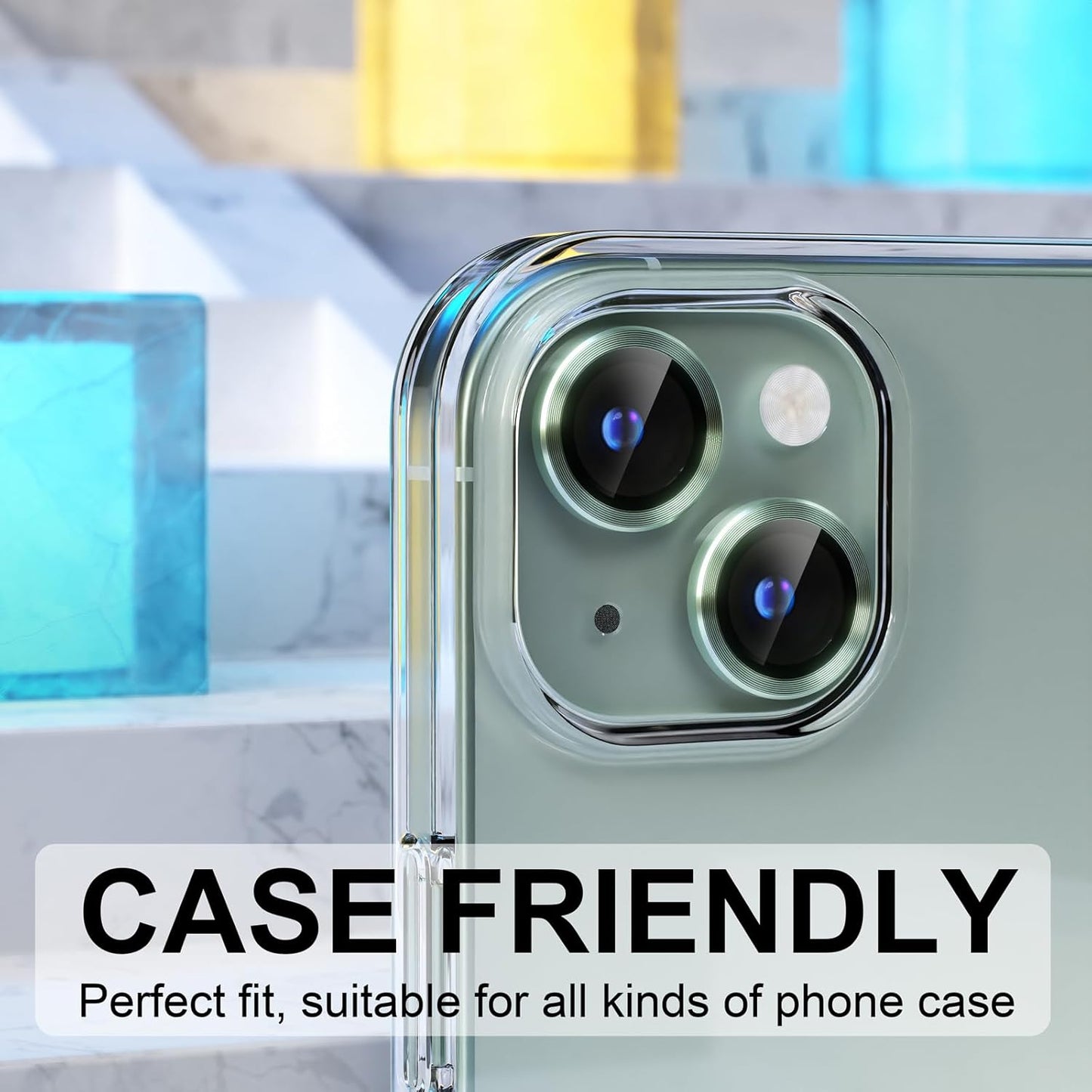 AIG iPhone 15/15 Plus Camera Lens Protector – Bling 9H Tempered Glass with Metal Ring Decoration (Green)