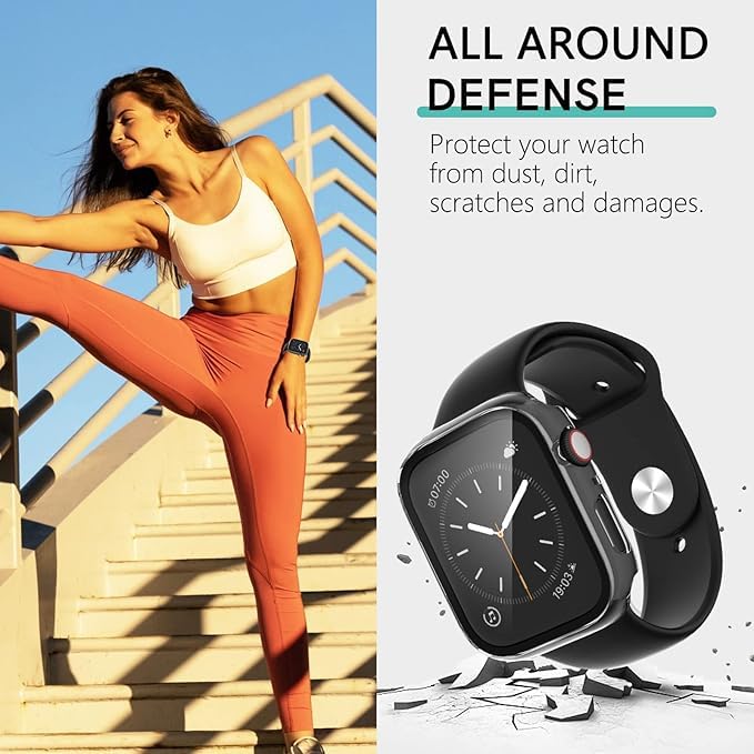 AIG 2 Pack Hard PC Case with Tempered Glass for Apple Watch Series 9/8/7 (41mm) – Starlight & Black