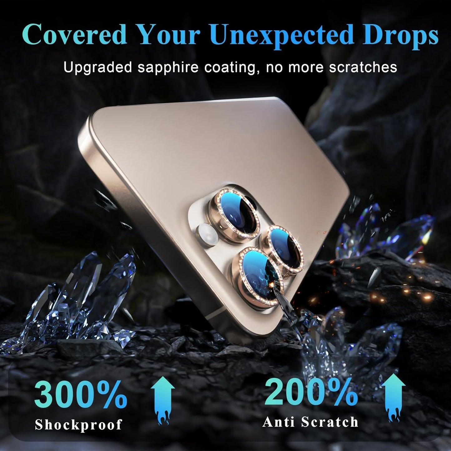 AIG Camera Lens Protector for iPhone 15 Pro/15 Pro Max β 9H Glass with Metal Ring β Gold Diamond