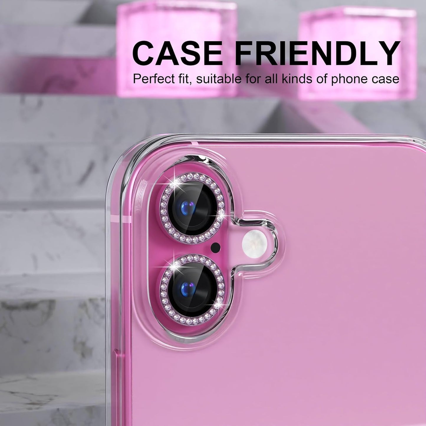 AIG Camera Lens Protector for iPhone 16/16 Plus β 9H Glass with Metal Ring β Pink Diamond