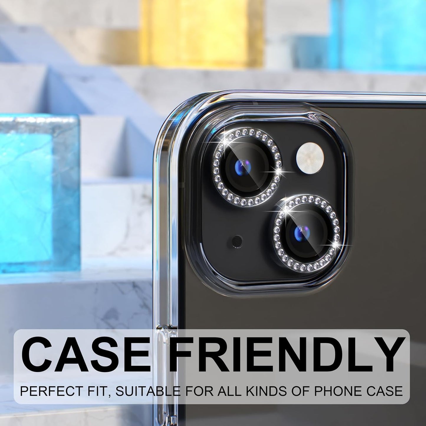 AIG iPhone 15/15 Plus Camera Lens Protector – Bling 9H Tempered Glass with Metal Ring Decoration (Black Diamond)