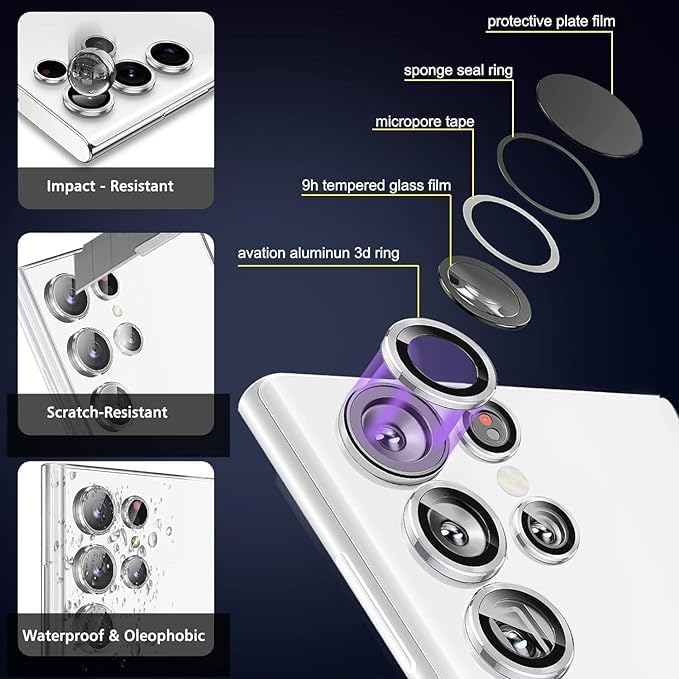 AIG Camera Lens Protector for Samsung Galaxy S24 Ultra/S23 Ultra – 9H Tempered Glass with Metal Individual Rings (Silver, HD Clear)