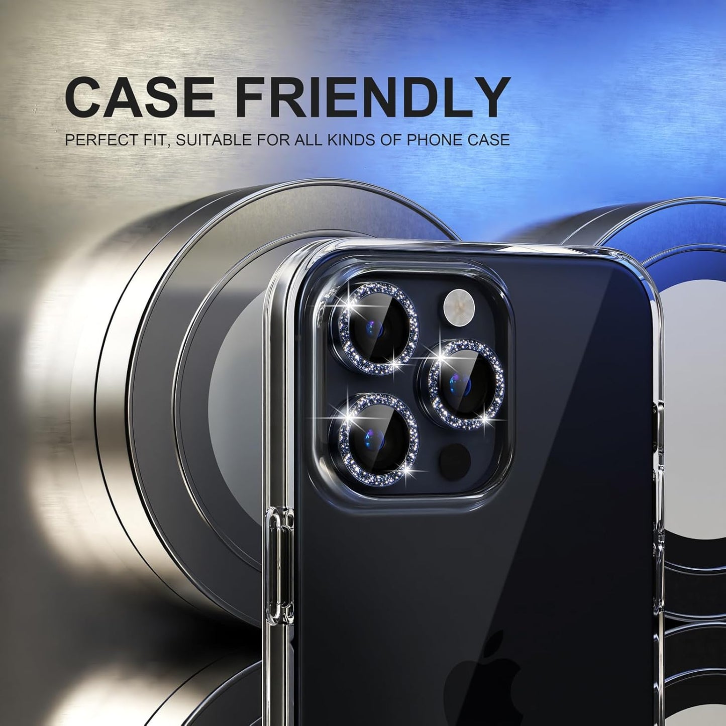 AIG Camera Lens Protector for iPhone 15 Pro/15 Pro Max & iPhone 14 Pro/14 Pro Max β 9H Glass with Metal Ring β Glitter-Blue