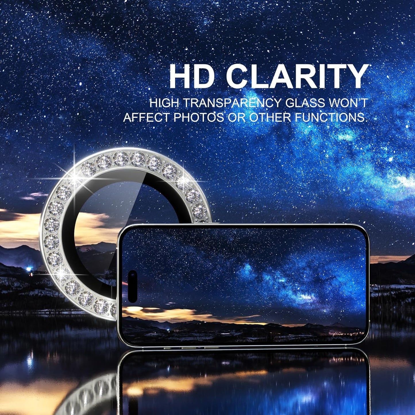 AIG Camera Lens Protector for iPhone 15 Pro/15 Pro Max & iPhone 14 Pro/14 Pro Max β 9H Glass with Metal Ring β Silver Diamond