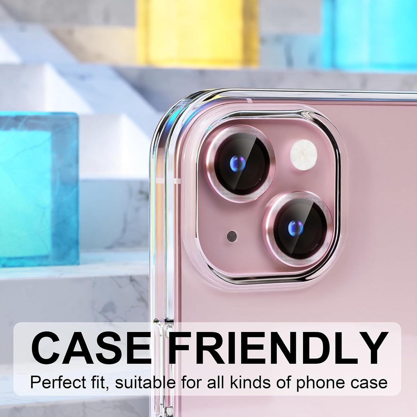 AIG iPhone 15/15 Plus Camera Lens Protector – Bling 9H Tempered Glass with Metal Ring Decoration (Pink)