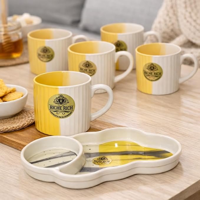 Ceramic Coffee Mug for Daily Use, 300 ml Tea & Coffee Cup, Yellow & White Ceramic Mug, Microwave Safe Drinkware for Home, Office, Kitchen & Daily Basic Use