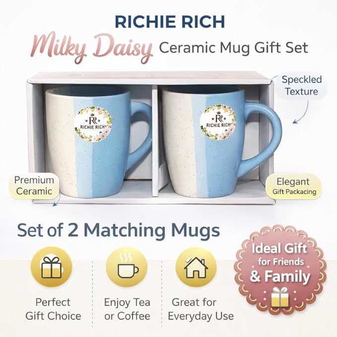 Ceramic Mug Set of 2 Matching Coffee Cups Premium Ceramic Tea Coffee Mug Set for Home Kitchen Office Stylish Drinking Cups for Tea Coffee Milk Hot Beverages | Blue