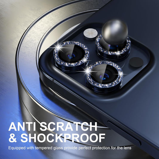 AIG Camera Lens Protector for iPhone 15 Pro/15 Pro Max & iPhone 14 Pro/14 Pro Max – 9H Glass with Metal Ring – Glitter-Blue