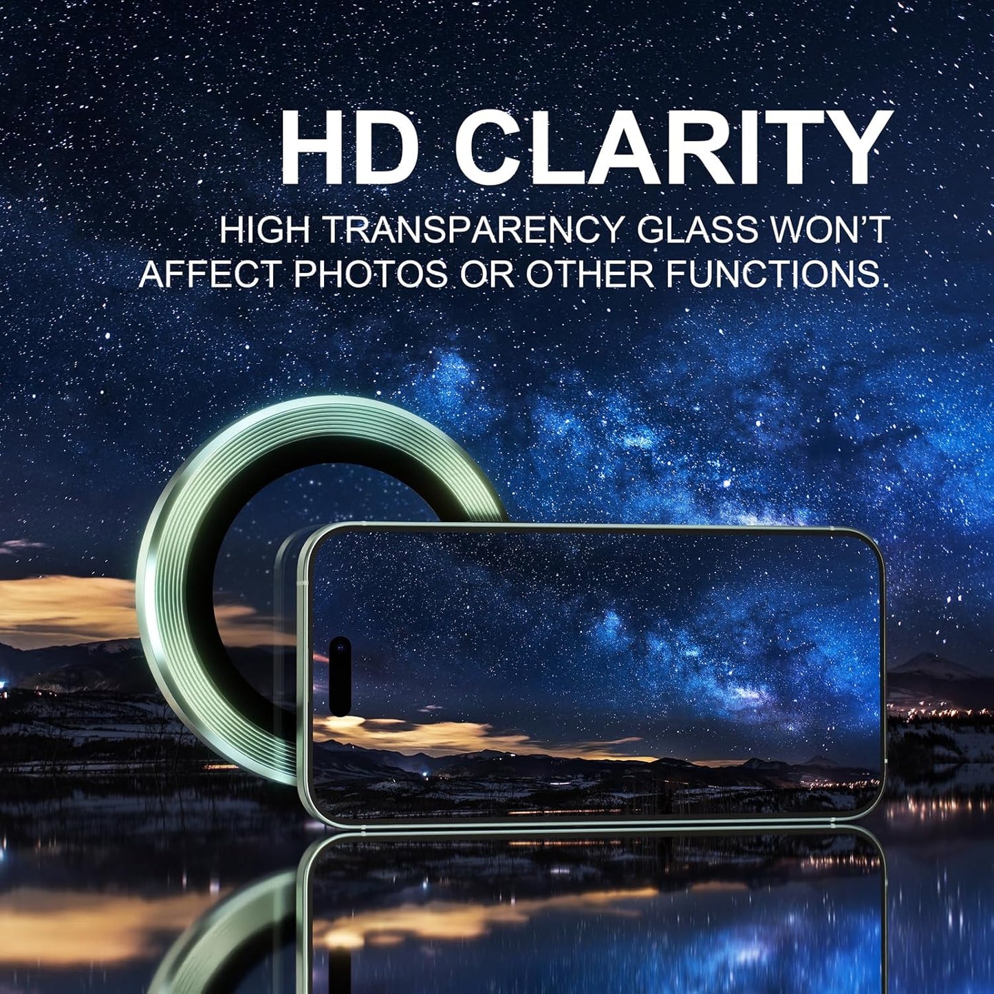 AIG iPhone 15/15 Plus Camera Lens Protector – Bling 9H Tempered Glass with Metal Ring Decoration (Green)