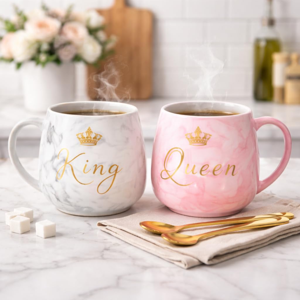 King & Queen Couple Coffee Mug Set with Golden Spoons | Marble Design Ceramic Tea Cups | Premium Printed Mug Set for Gift, Anniversary, Valentine, Wedding | 2 Mugs + 2 Spoons (Pink & White)
