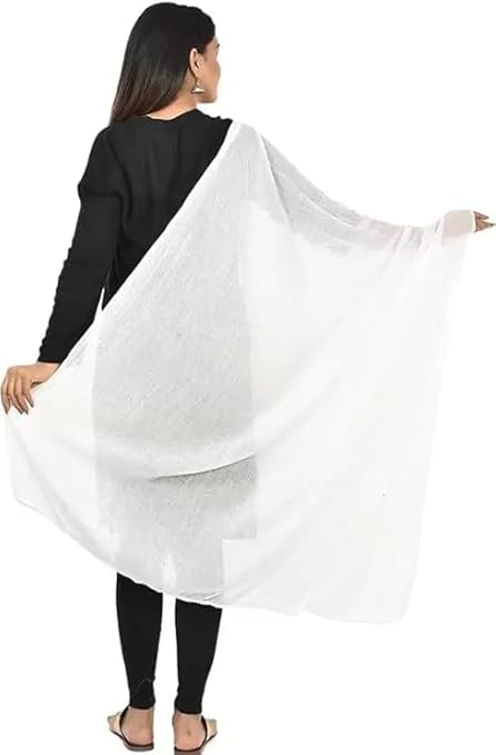 AIG THE FASHION 100% Nazmin Chiffon Casual Dupatta – 2.25m with Pom-Pom Lace | Lightweight Nazneen Chiffon | Perfect for Festivals, Parties & Traditional Outfits - WHITE