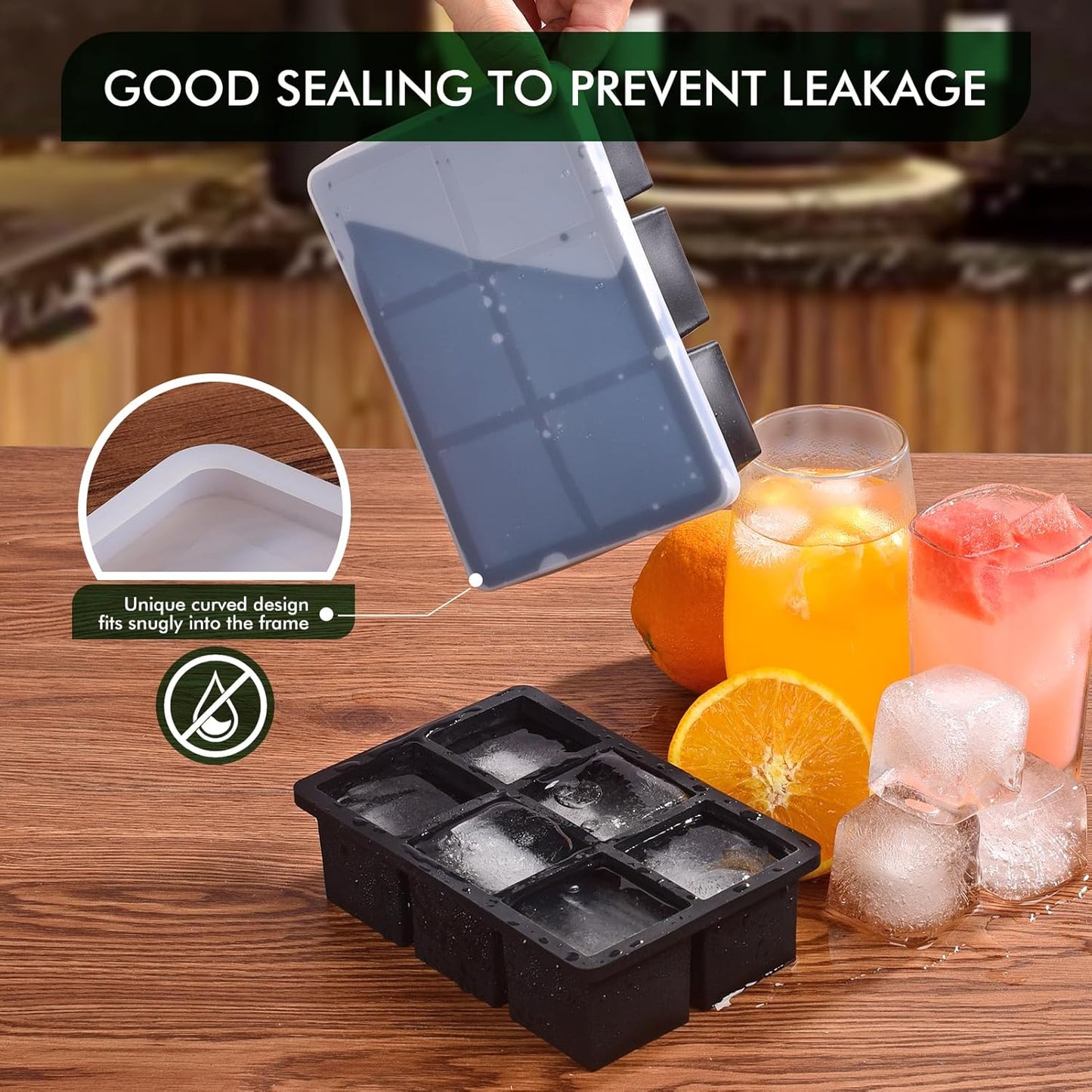 AIG Ice Cube 02 Pack Tray with Lid – 6 Large Square Silicone Molds for Whiskey, Cocktails, Juice & Coffee