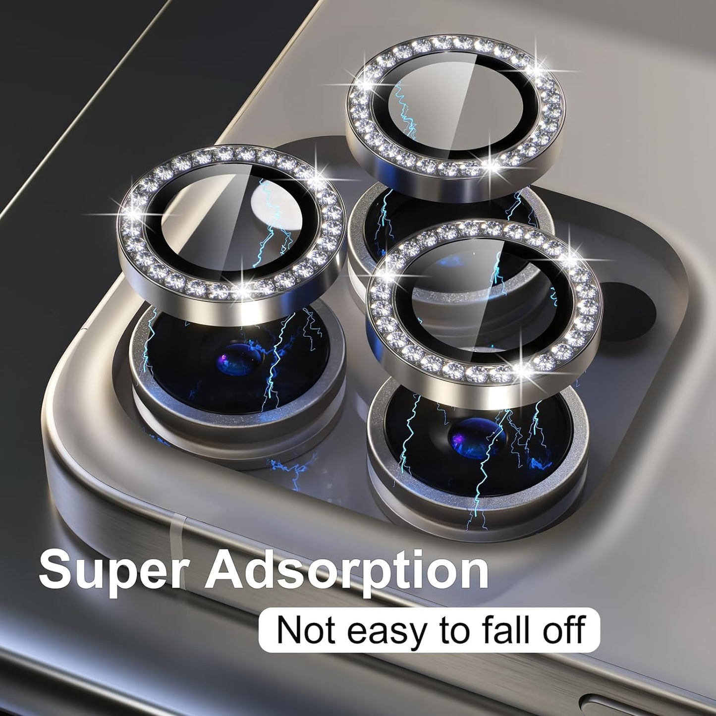 AIG Camera Lens Protector for iPhone 15 Pro/Pro Max – 9H Glass, Metal Rings, Bling Design – Gray Diamond