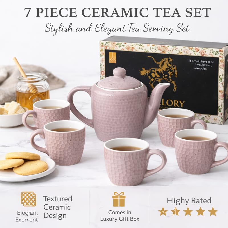Ceramic Tea Set with Kettle and 6 Cups Tea Cup Set with Teapot Stylish Drinkware Set for Tea Coffee Serving Home Kitchen Dining Table Gift Set