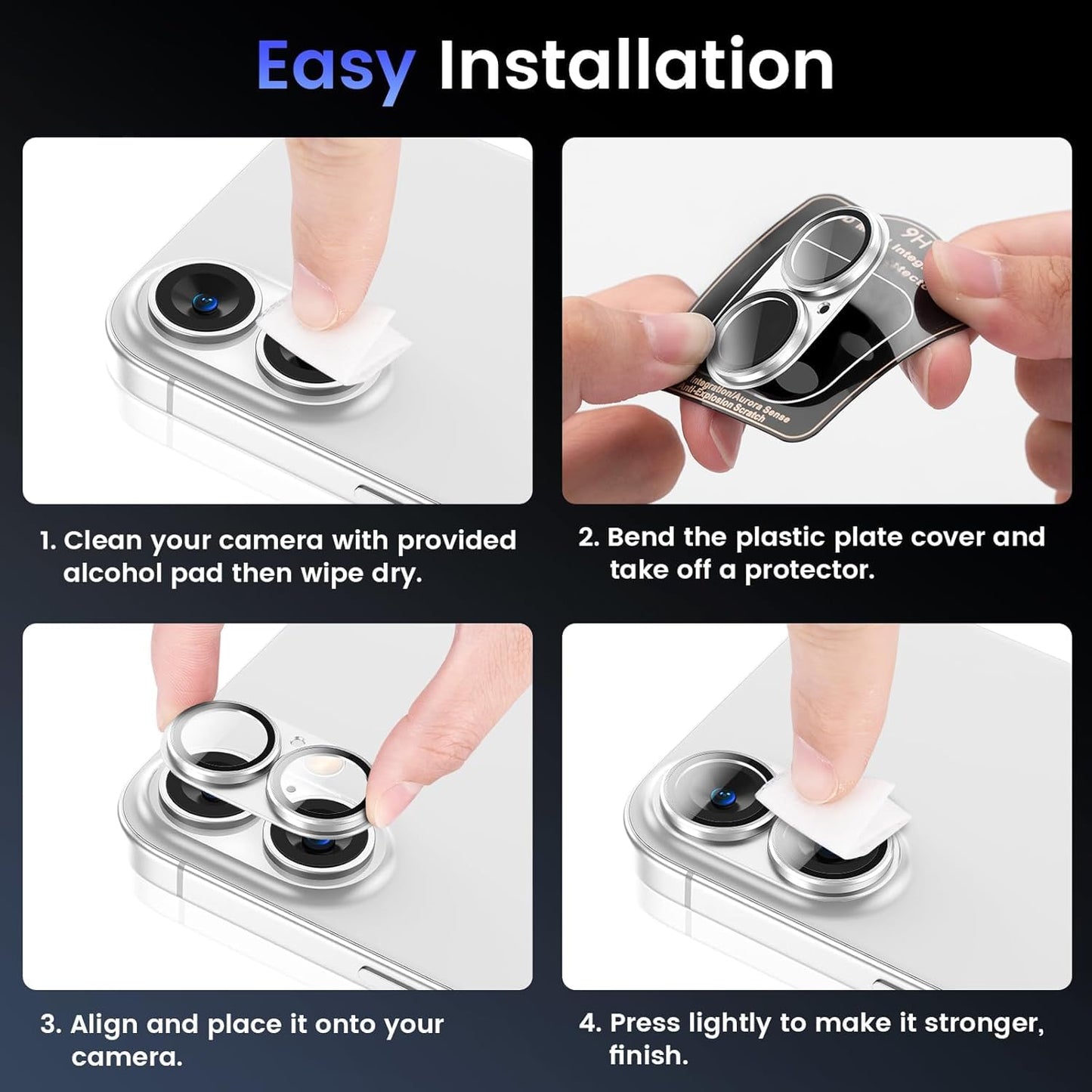 AIG Camera Lens Protector for iPhone 16 / 16 Plus – Tempered Glass with Metal Frame - Silver Joint