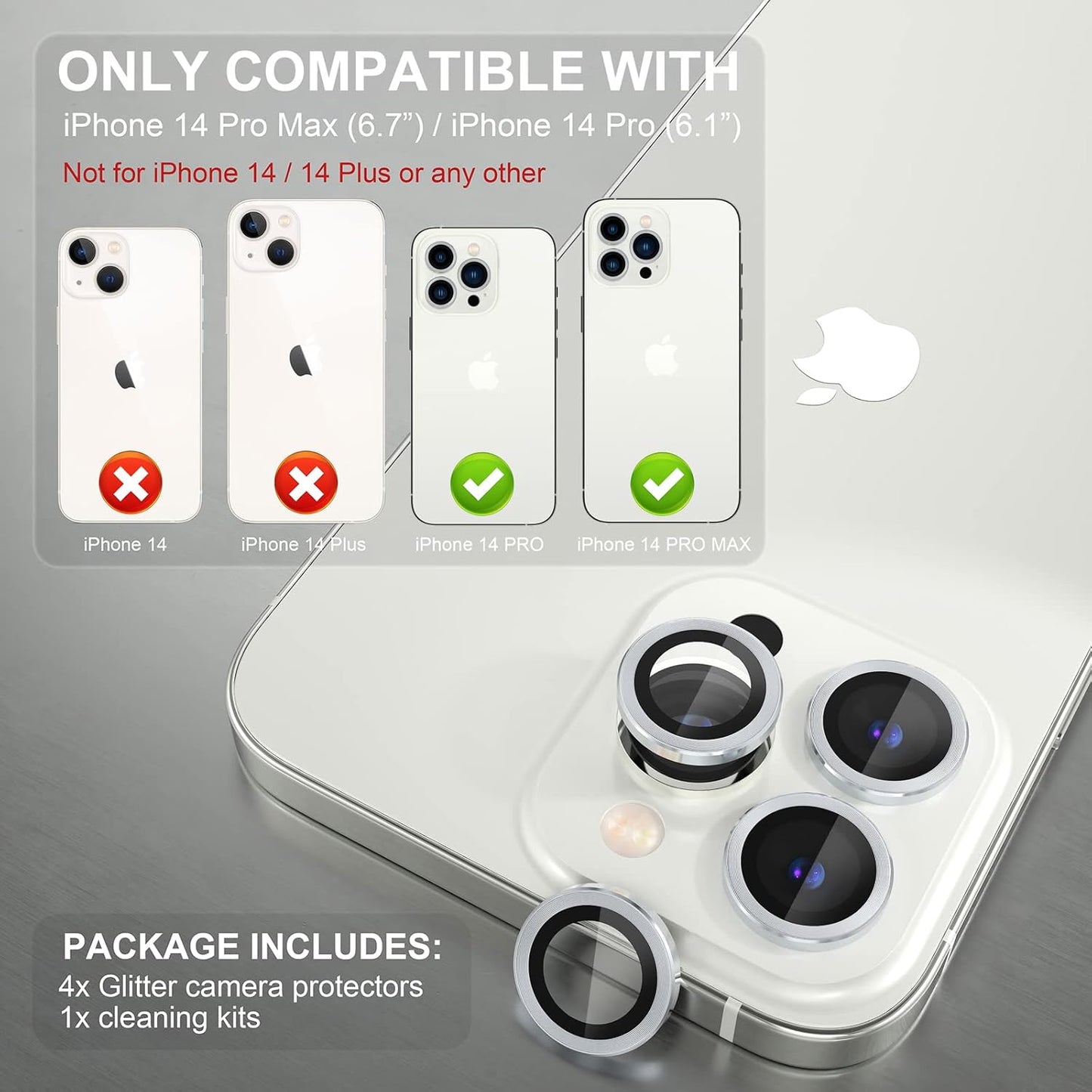 AIG iPhone 14 Pro/14 Pro Max Camera Lens Protector Bling – Silver