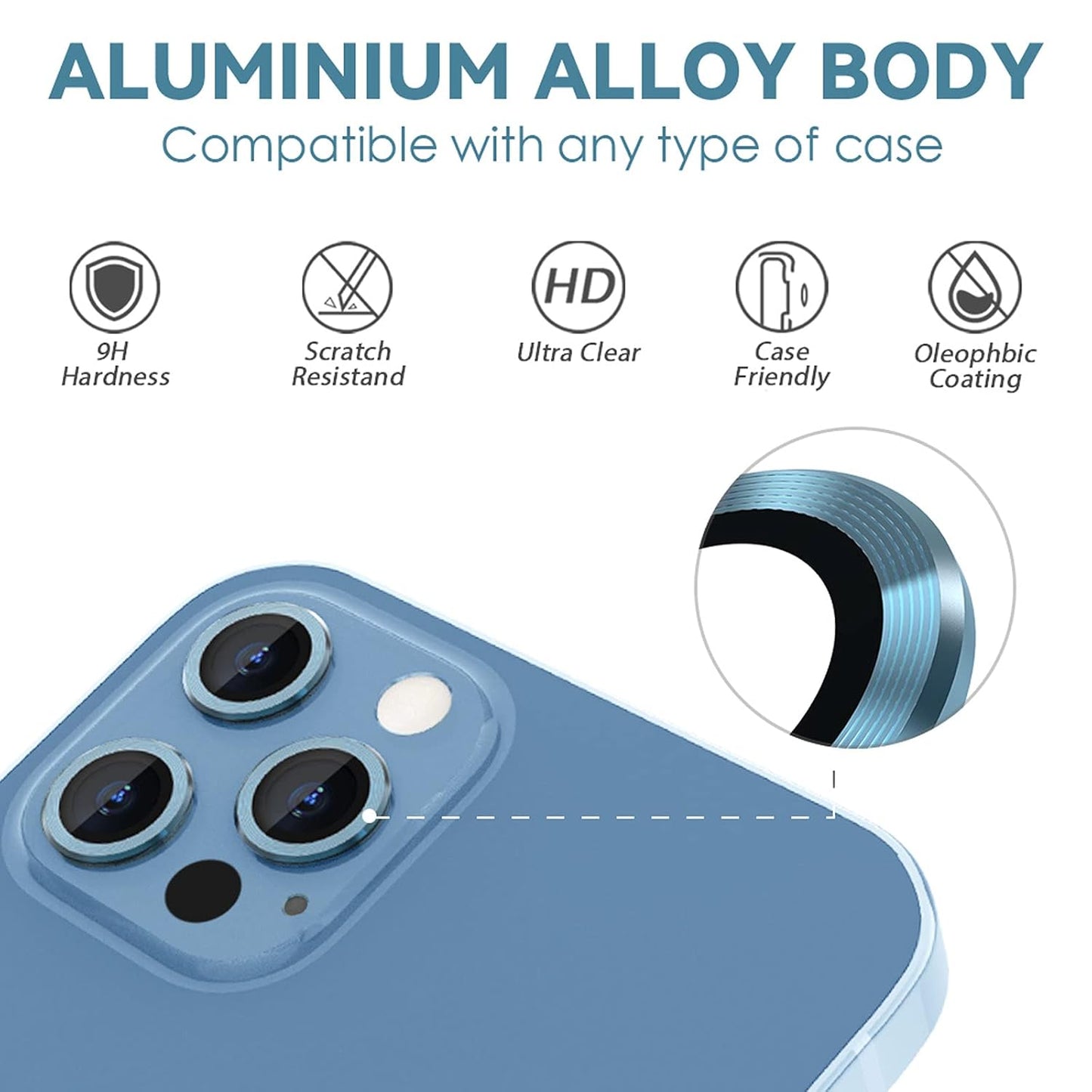 AIG Camera Lens Protector for iPhone 13 Pro/13 Pro Max – Tempered Glass & Aluminum Cover, Sierra Blue