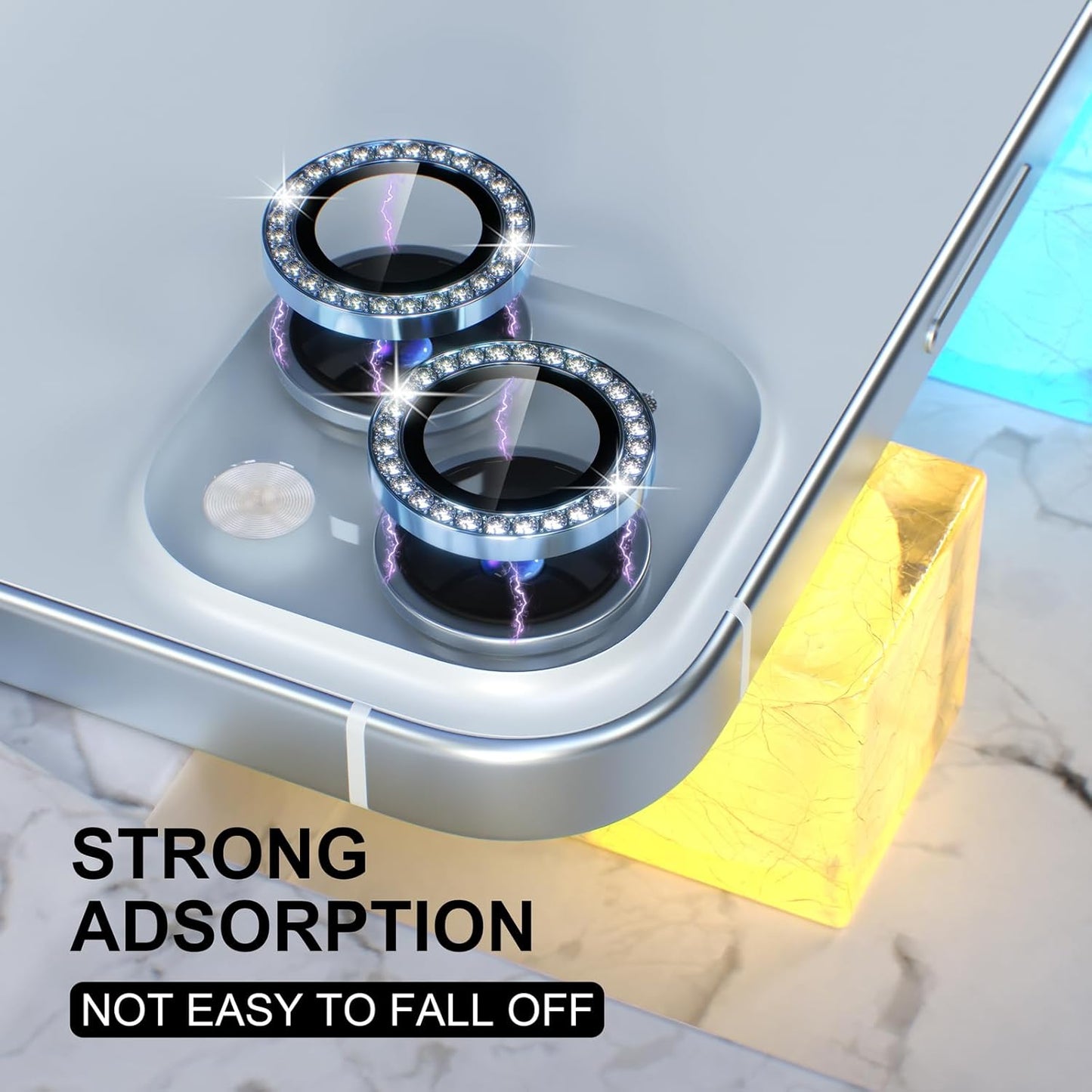 AIG iPhone 15/15 Plus Camera Lens Protector – Bling 9H Tempered Glass with Metal Ring Decoration (Blue Diamond)