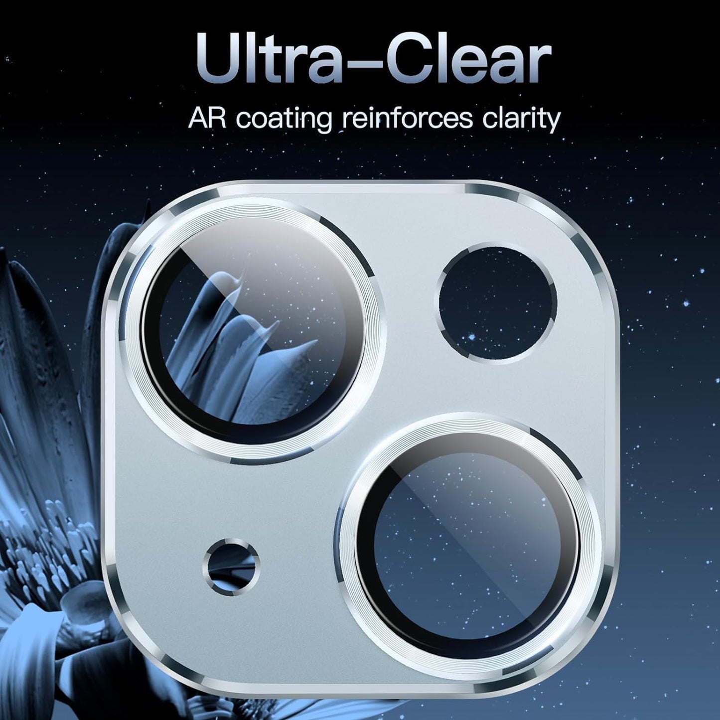 AIG iPhone 14/14 Plus & iPhone 15/15 Plus Camera Lens Protector – 9H Glass with Metal Plate – Blue Joint (1 Pack)