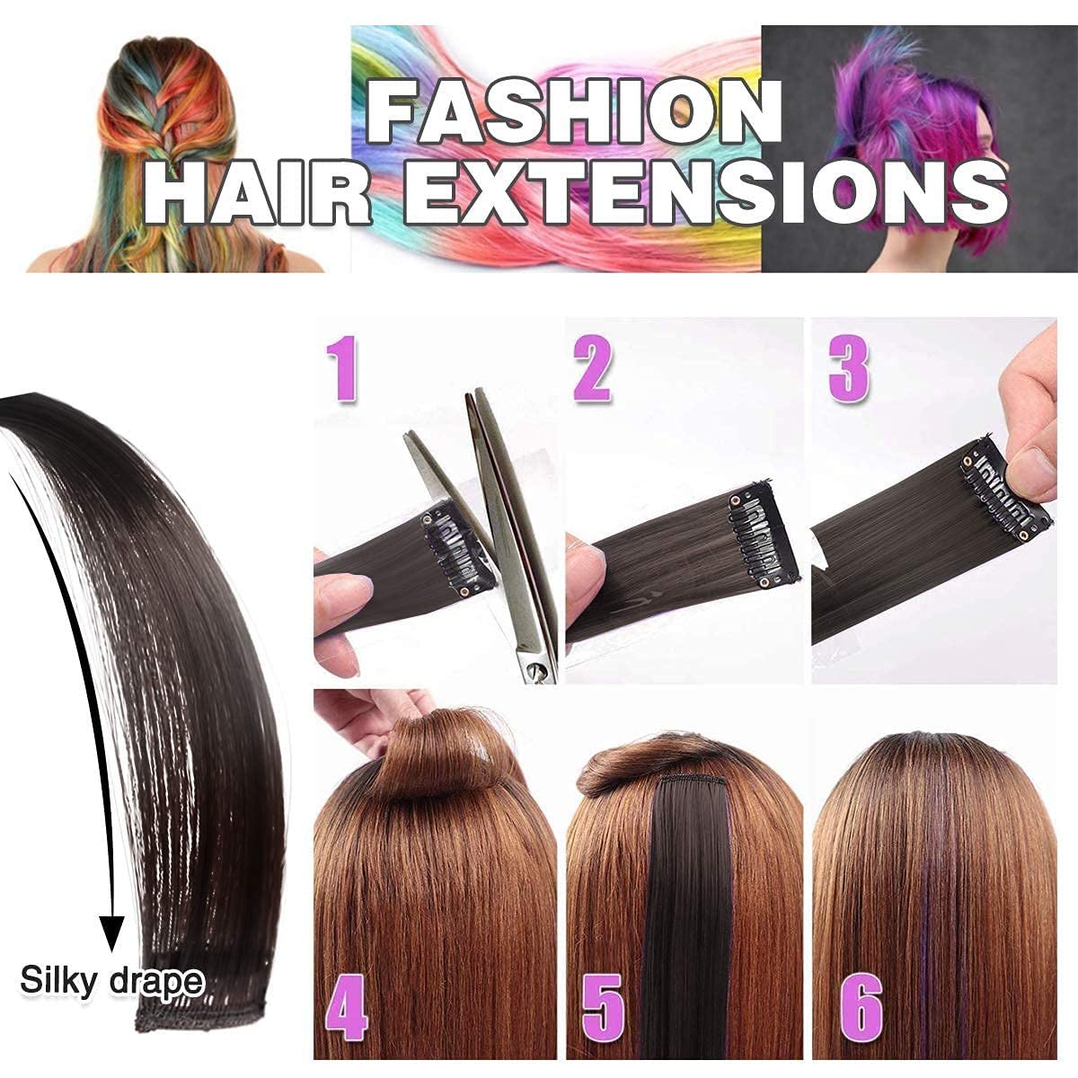 AIG (04 PACK) 22-Inch Brown Clip-In Hair Extensions, Synthetic Highlight Streaks (Brown Straight Hair)