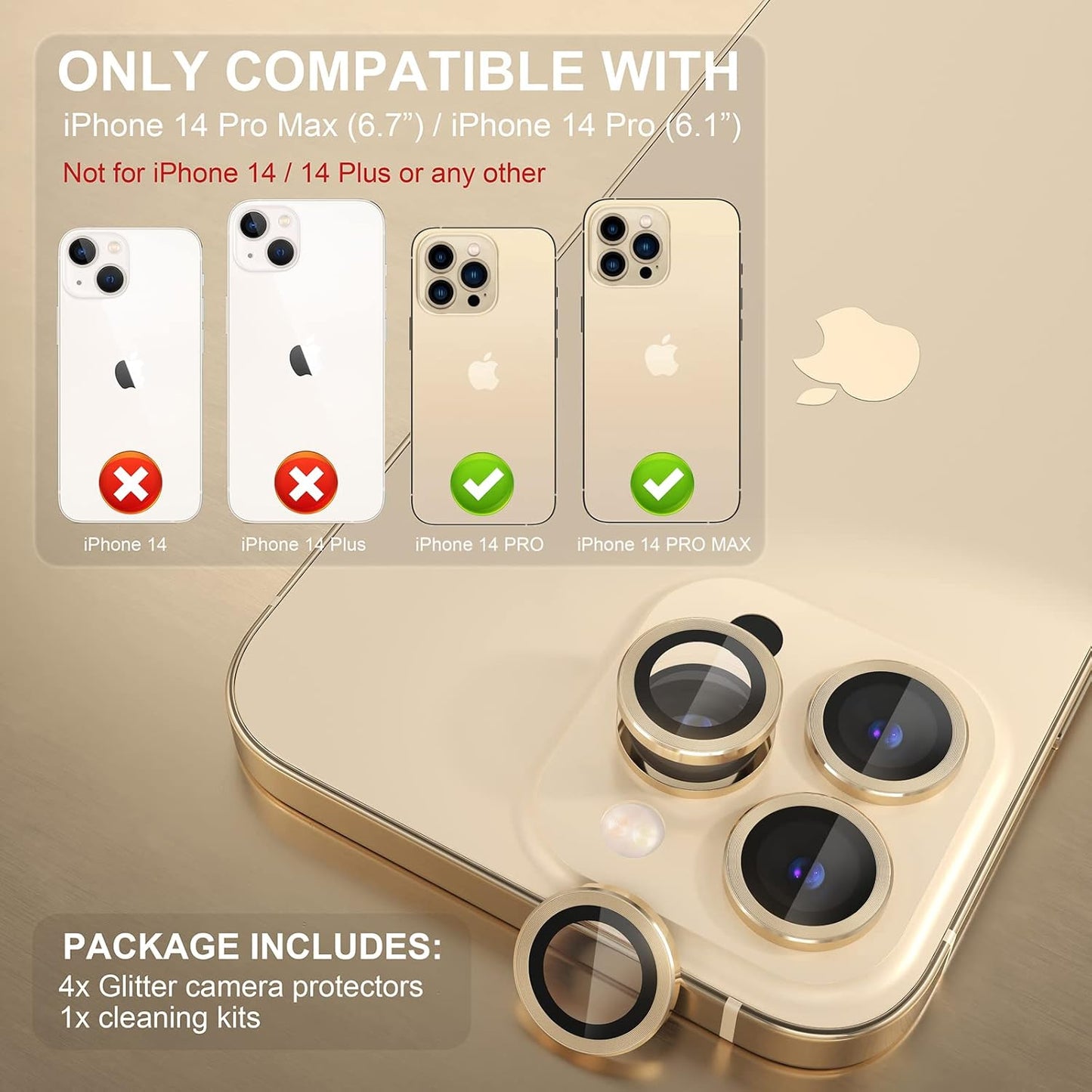 AIG iPhone 14 Pro/14 Pro Max Camera Lens Protector Bling – Gold