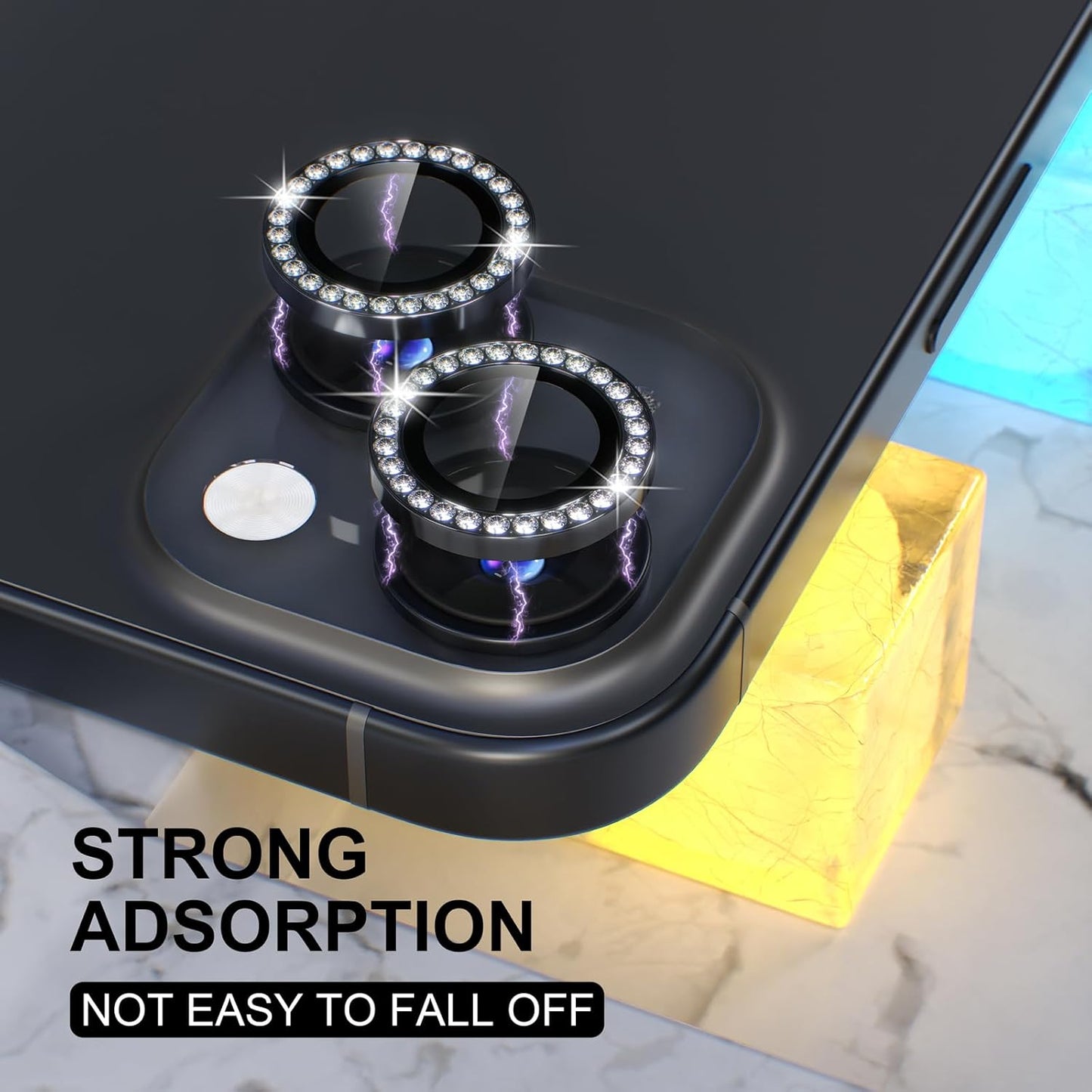 AIG iPhone 15/15 Plus Camera Lens Protector – Bling 9H Tempered Glass with Metal Ring Decoration (Black Diamond)