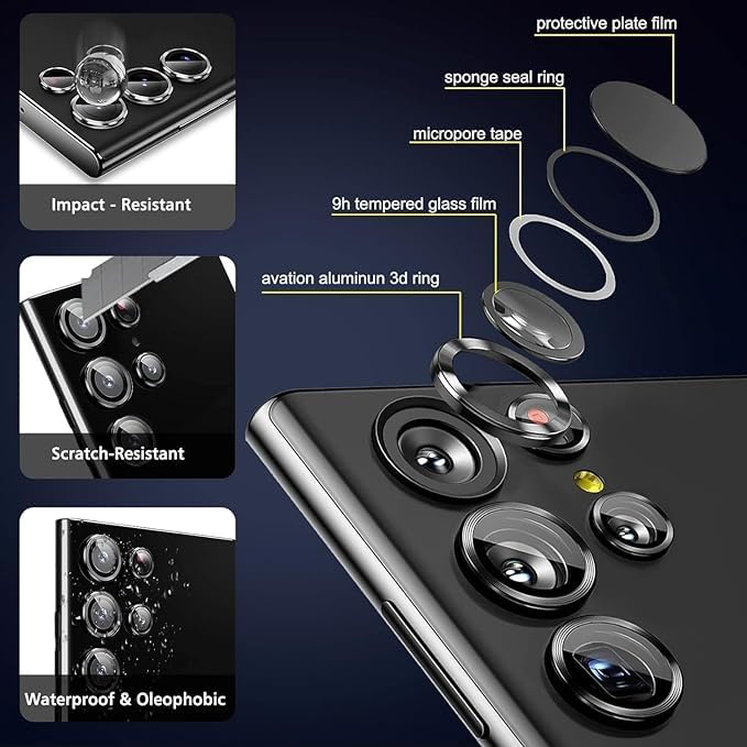 AIG Camera Lens Protector for Samsung Galaxy S24 Ultra/S23 Ultra – 9H Tempered Glass with Metal Individual Rings (Black, HD Clear)