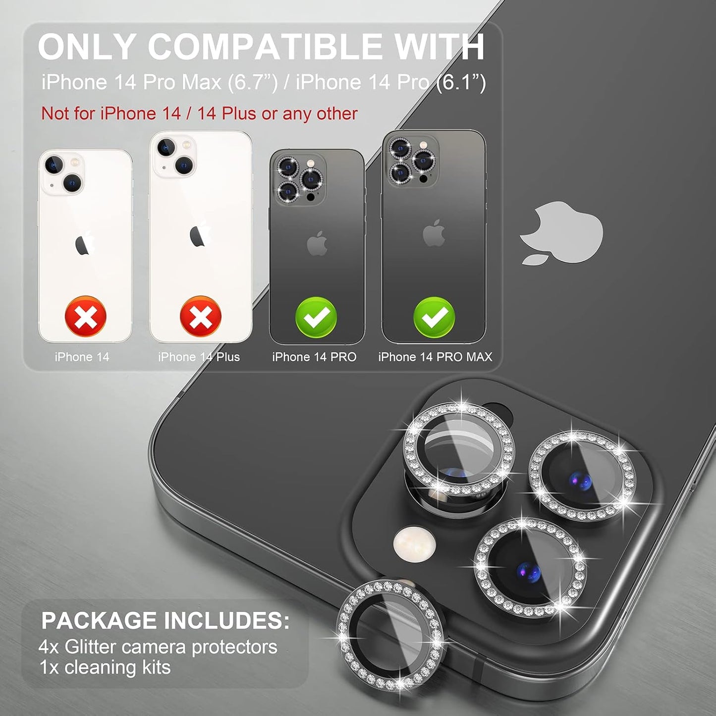 AIG iPhone 14 Pro/14 Pro Max Camera Lens Protector Bling – Diamond Black