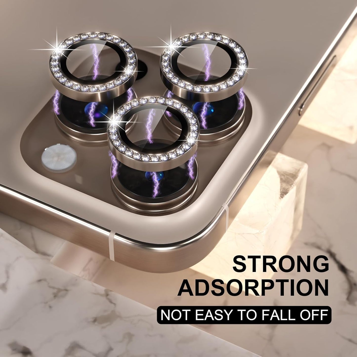 AIG Bling Camera Lens Protector for iPhone 16 Pro / Pro Max – 9H Glass, Diamond Metal Ring, Stylish Titanium Desert Look (Luxury Camera Cover)