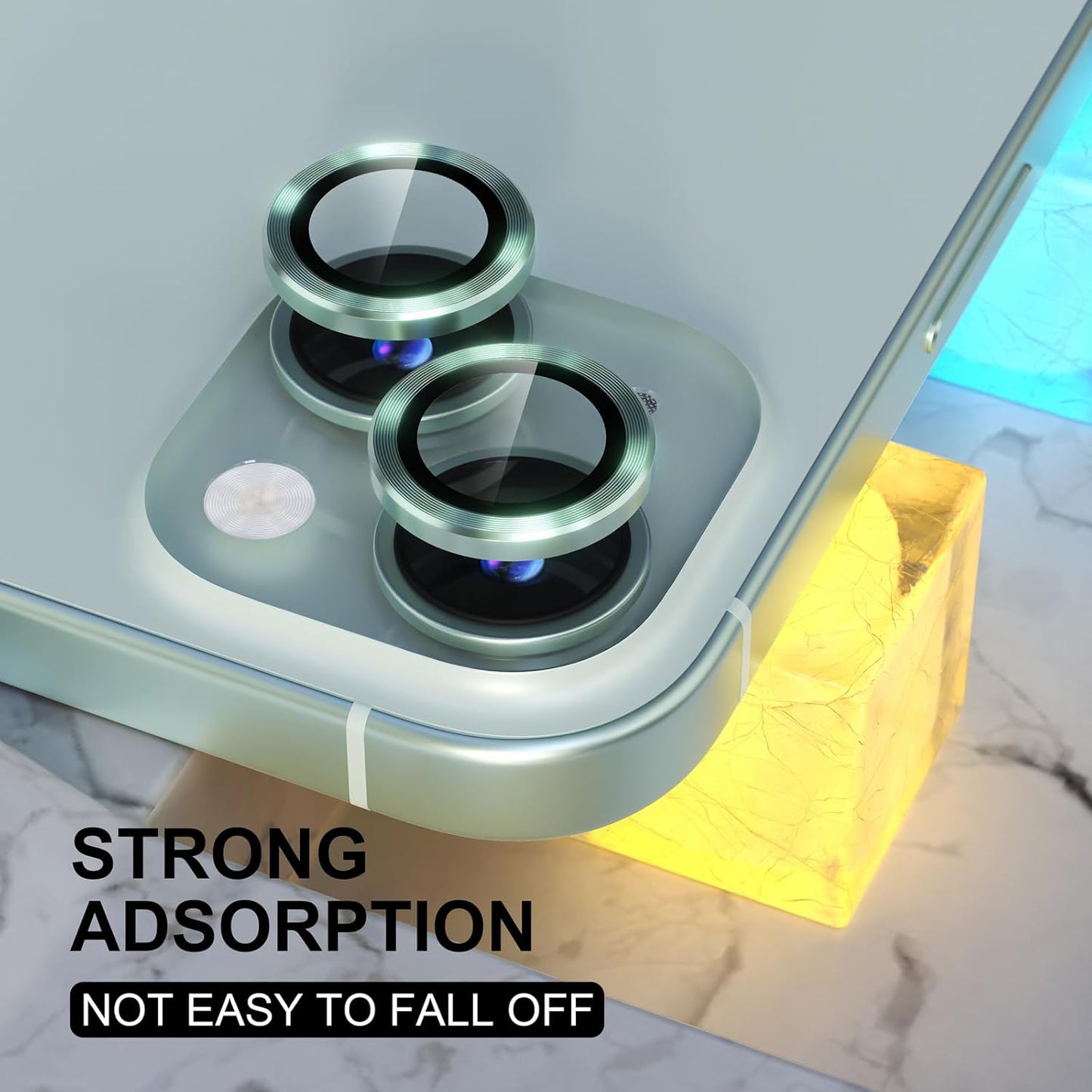 AIG iPhone 15/15 Plus Camera Lens Protector – Bling 9H Tempered Glass with Metal Ring Decoration (Green)