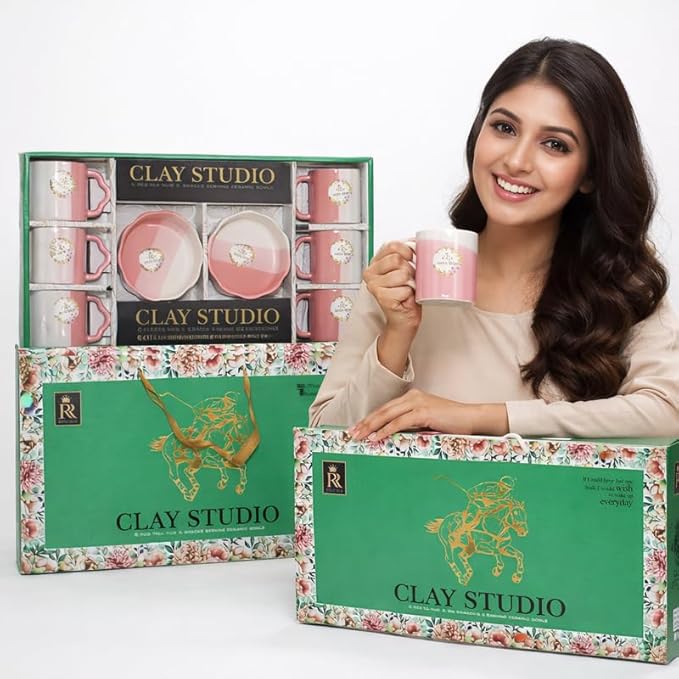 Ceramic Tea Mug & Bowl Gift Set (6 Tea Mugs + 2 Ceramic Bowls) Premium Quality Tea Cup Set for Home Kitchen Office Stylish Tea Coffee Serving Set with Gift Box | Pink