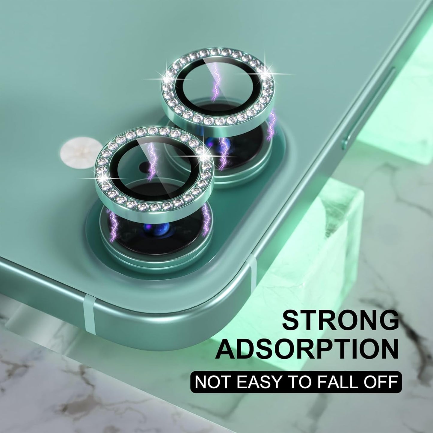 AIG Camera Lens Protector for iPhone 16/16 Plus β 9H Glass with Metal Ring β Mint Green Diamond