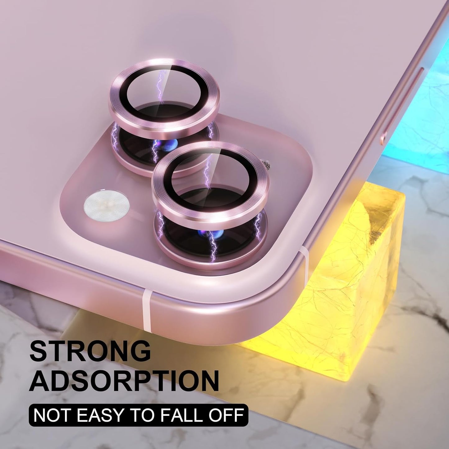 AIG iPhone 15/15 Plus Camera Lens Protector – Bling 9H Tempered Glass with Metal Ring Decoration (Pink)
