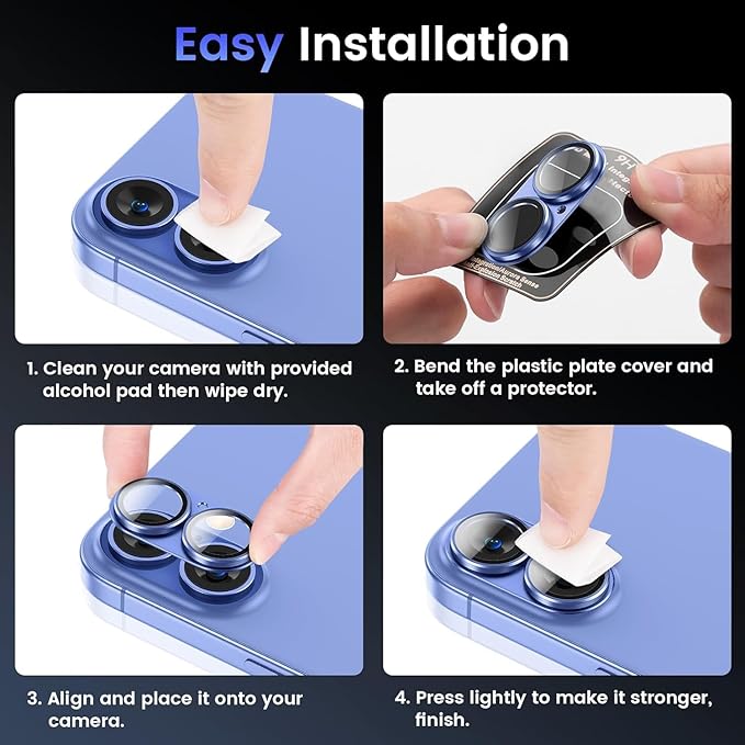 AIG Camera Lens Protector for iPhone 16 / 16 Plus – Tempered Glass with Metal Frame - Blue Joint