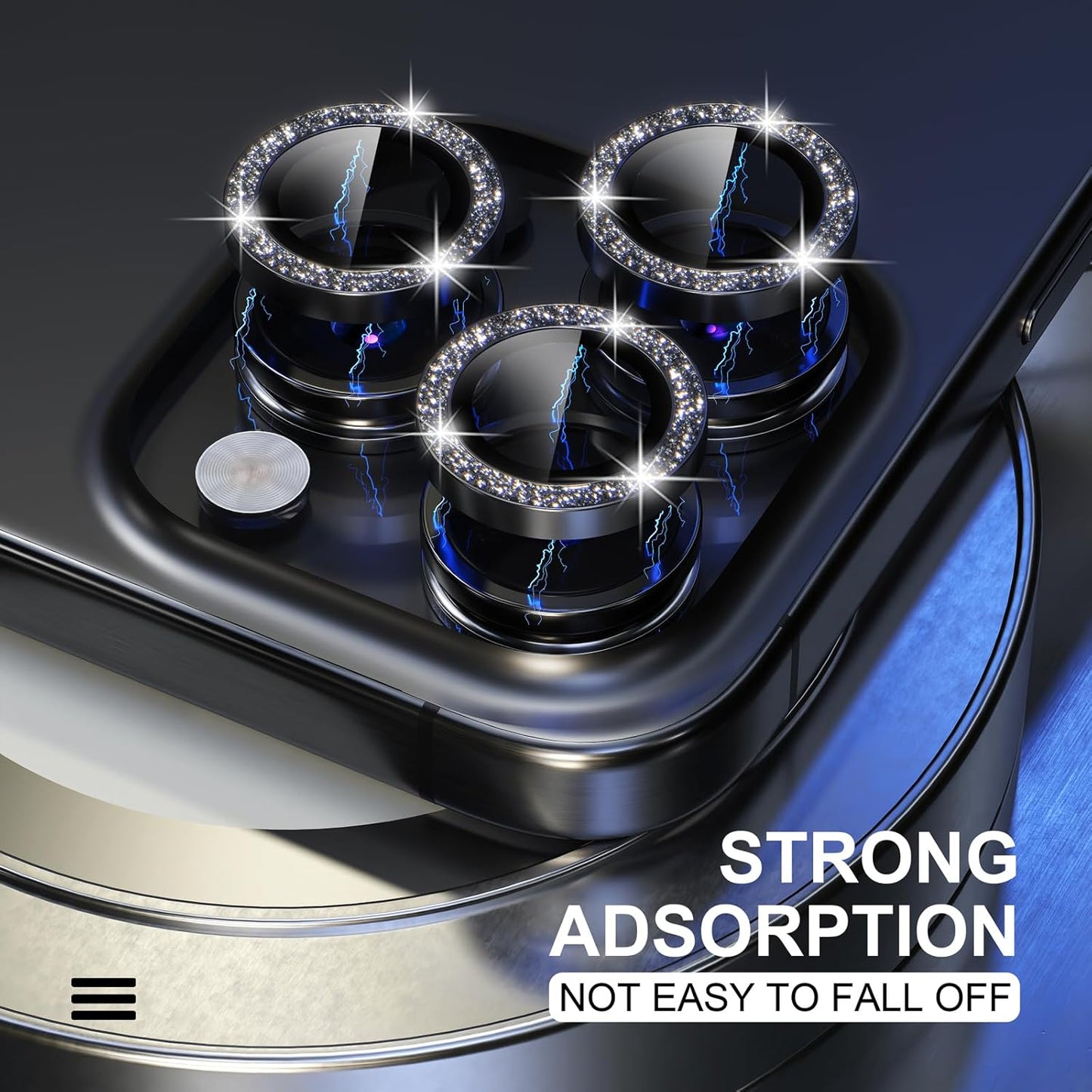AIG Bling Camera Lens Protector for iPhone 15 Pro / Pro Max β 9H Glass, Metal Ring, Full Lens Cover β Glitter Black