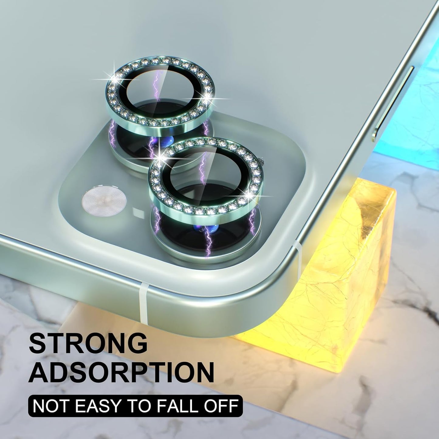 AIG iPhone 15/15 Plus Camera Lens Protector – Bling 9H Tempered Glass with Metal Ring Decoration (Green Diamond)