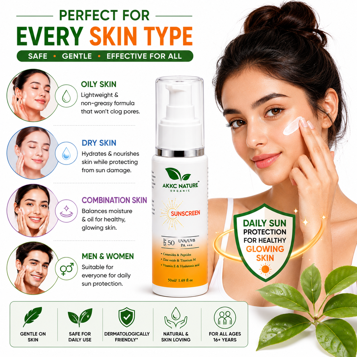 AKKC Nature Organic Sunscreen SPF 50 PA+++ | Broad Spectrum UVA/UVB Protection | Ceramides, Peptides, Zinc Oxide, Titanium Dioxide, Vitamin E & Hyaluronic Acid | Non-Greasy Daily Sunscreen for Men & Women | 50ml.