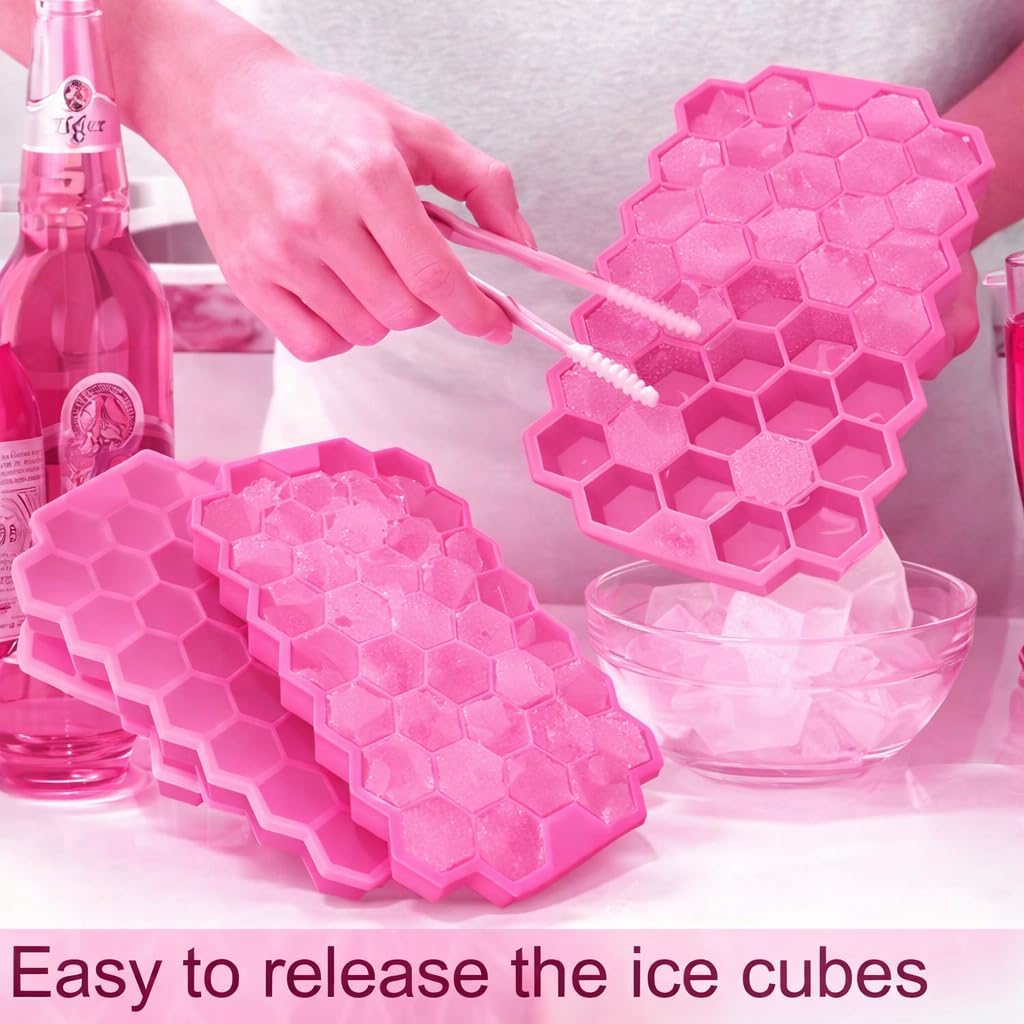 AIG Silicone Ice Cube Trays with Lids – 4 Pack Easy-Release Hexagon Ice Maker for Freezer, Reusable Food-Grade Ice Molds for Cocktail Bar, Whiskey, Iced Coffee & Home Kitchen (Pink)