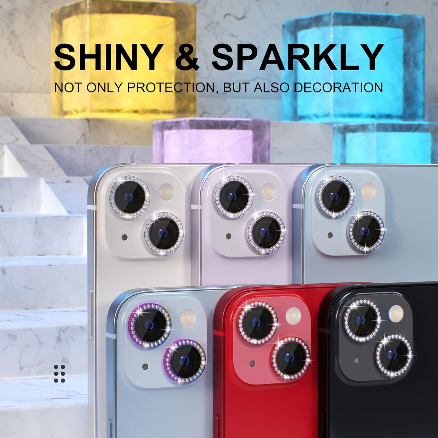 AIG iPhone 14/iPhone 14 Plus Camera Lens Protector Bling, 9H Tempered Glass Camera Cover Screen Protector Metal Ring Decoration Accessories
