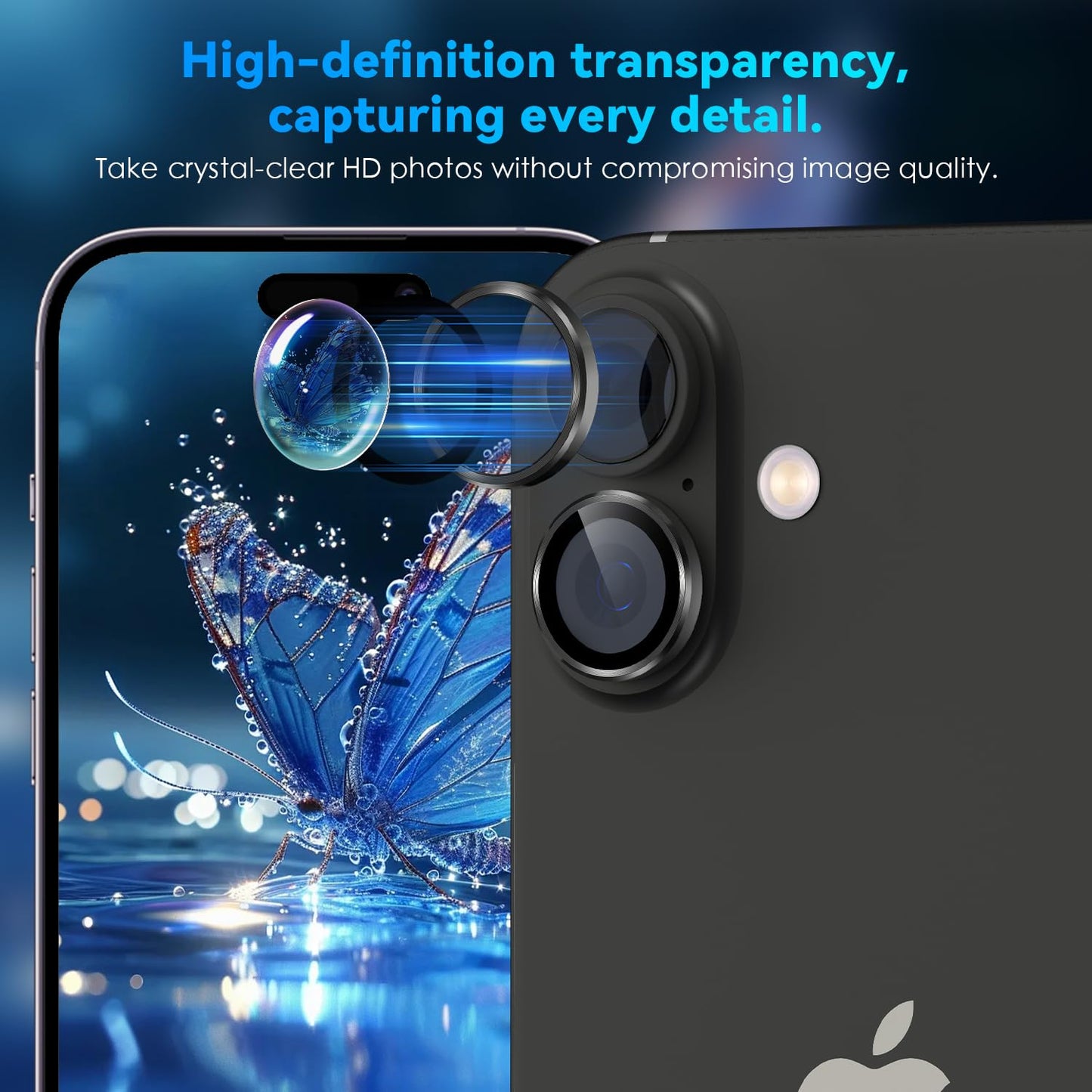 AIG Camera Lens Protector for iPhone 16/16 Plus – 1s Install, HD Glass, Case-Friendly Metal Ring, Black