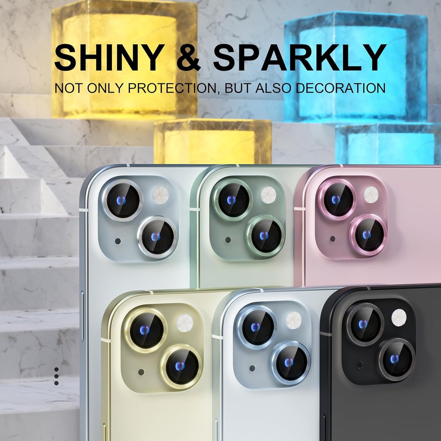 AIG iPhone 15/15 Plus Camera Lens Protector – Bling 9H Tempered Glass with Metal Ring Decoration (Green)