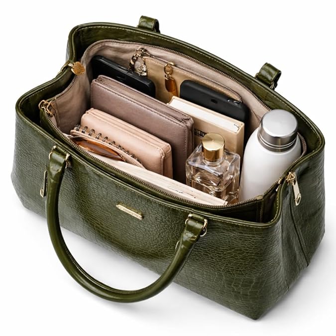 Women's Tote Handbag, Olive Green, Faux Leather, Crocodile Embossed, Spacious with Zipper Compartment, Office and Travel Bag