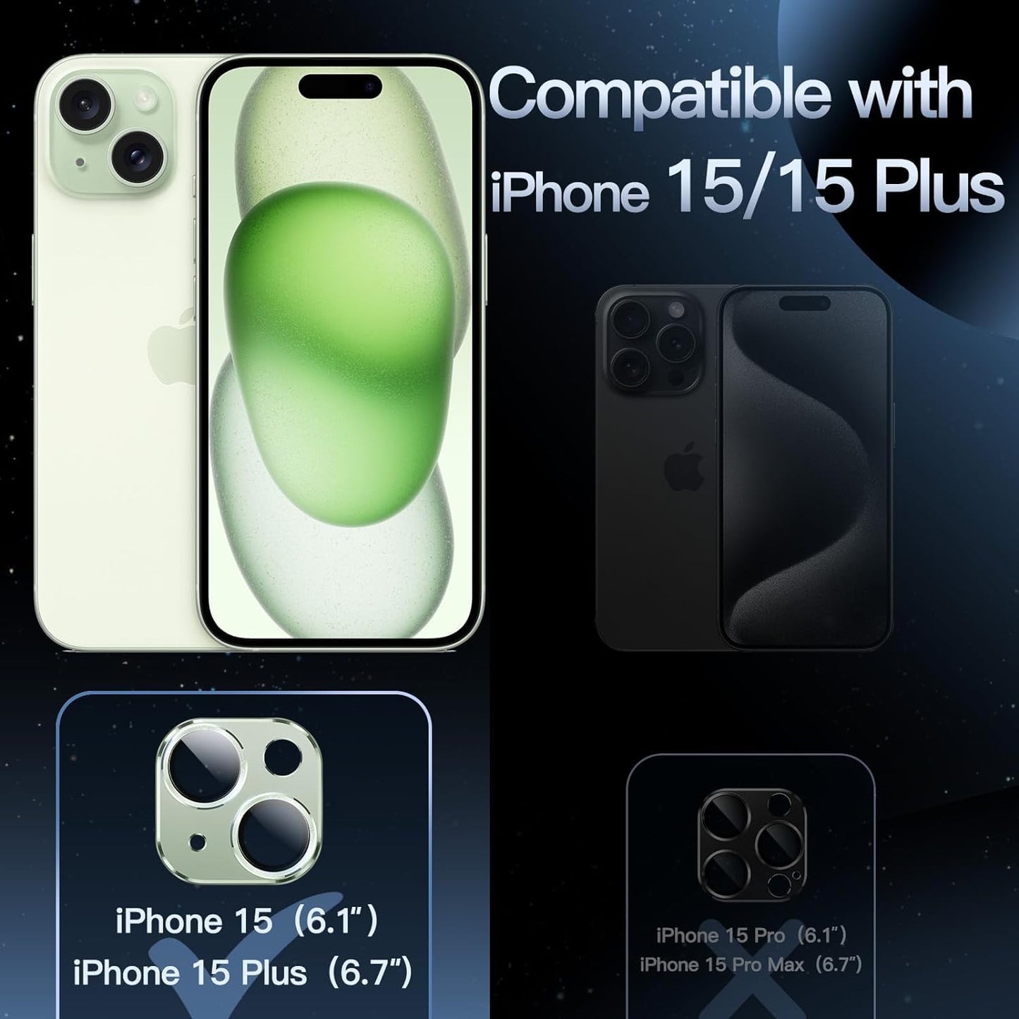 AIG iPhone 15/15 Plus Camera Lens Protector Metal 9H Tempered Glass Lens Screen Protector Rings – Green Joint