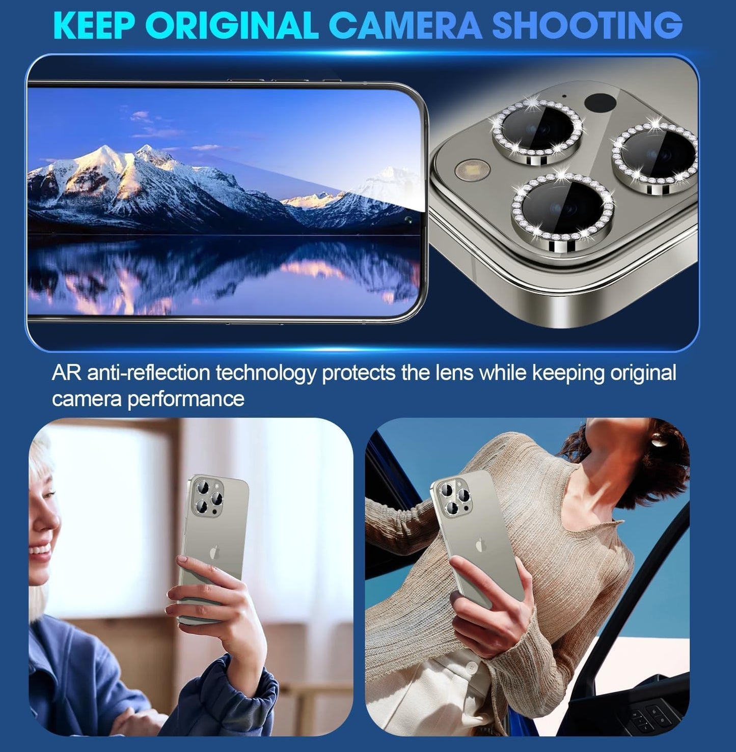 AIG Camera Lens Protector for iPhone 15 Pro/Pro Max – 9H Glass, Metal Rings, Bling Design – Gray Diamond