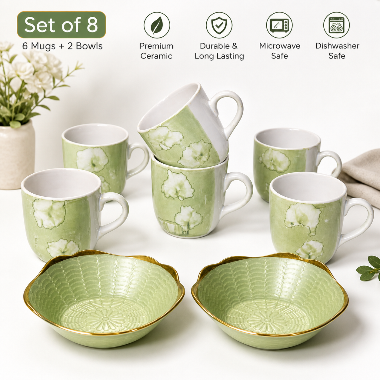 Ceramic Tea Cup & Snack Bowl Set – 6 Coffee Mugs with 2 Serving Bowls | Premium Floral Design Tea & Coffee Mug Set for Home, Office & Gifting