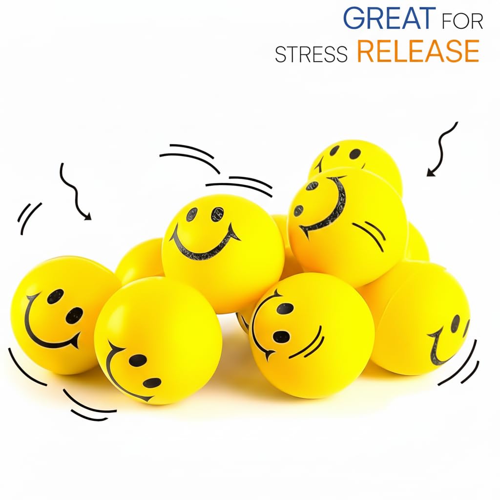 AIG 6 Pcs Smiley Squeeze Balls for Kids & Adults – 2 Inch Yellow Stress Relief & Sensory Fidget Toys