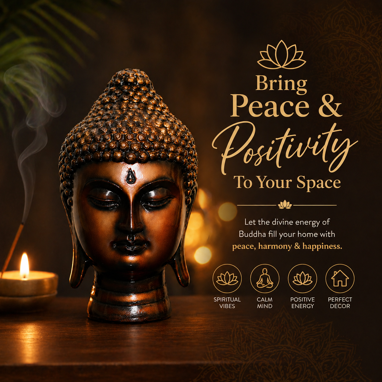 Handcrafted Brass Buddha Head Idol, Bronze Finish, Meditation Décor Statue for Home, Office, Yoga Studio