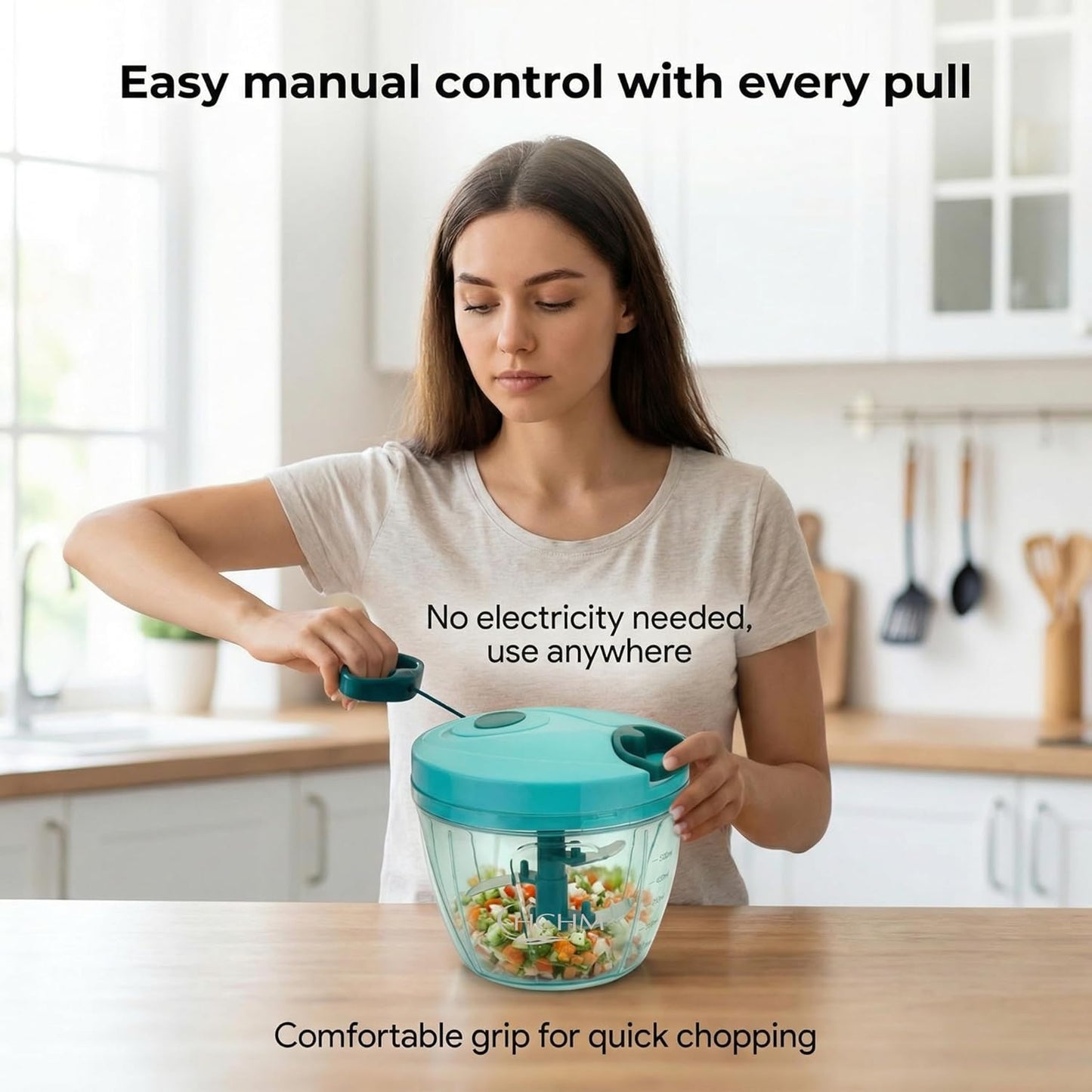 Manual Pull Cord Vegetable Chopper 900ml | Multipurpose Food Chopper with Stainless Steel Blades | Onion, Garlic, Vegetable, Fruit & Nut Cutter | BPA-Free Kitchen Chopper